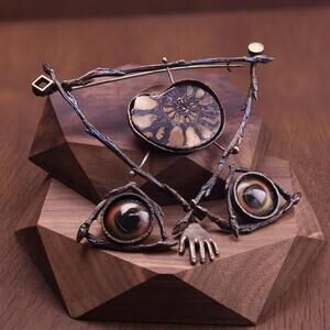 Vintage Rare Artisan OOAK Enid Kaplan Witchy Pagan Evil Eye Brooch and Earrings